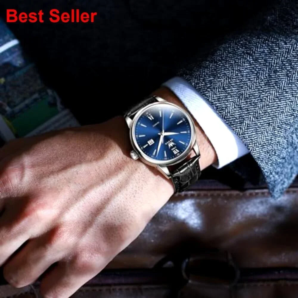 Men's Waterproof Analog Watch with Leather Band Roman Numerals